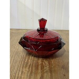 Vintage Viking Epic Ruby Red Diamond Point Candy Dish w/ Lid